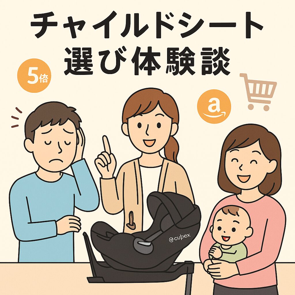 チャイルドシート選びに悩むパパ、赤ちゃんを抱っこして微笑むママ、販売員風のお姉さん、中央にCybex Cloud T i-Size＋Base Tのチャイルドシートが描かれたイラスト。楽天ポイントやAmazonカートのアイコンも背景に配置されたブログ用アイキャッチ。