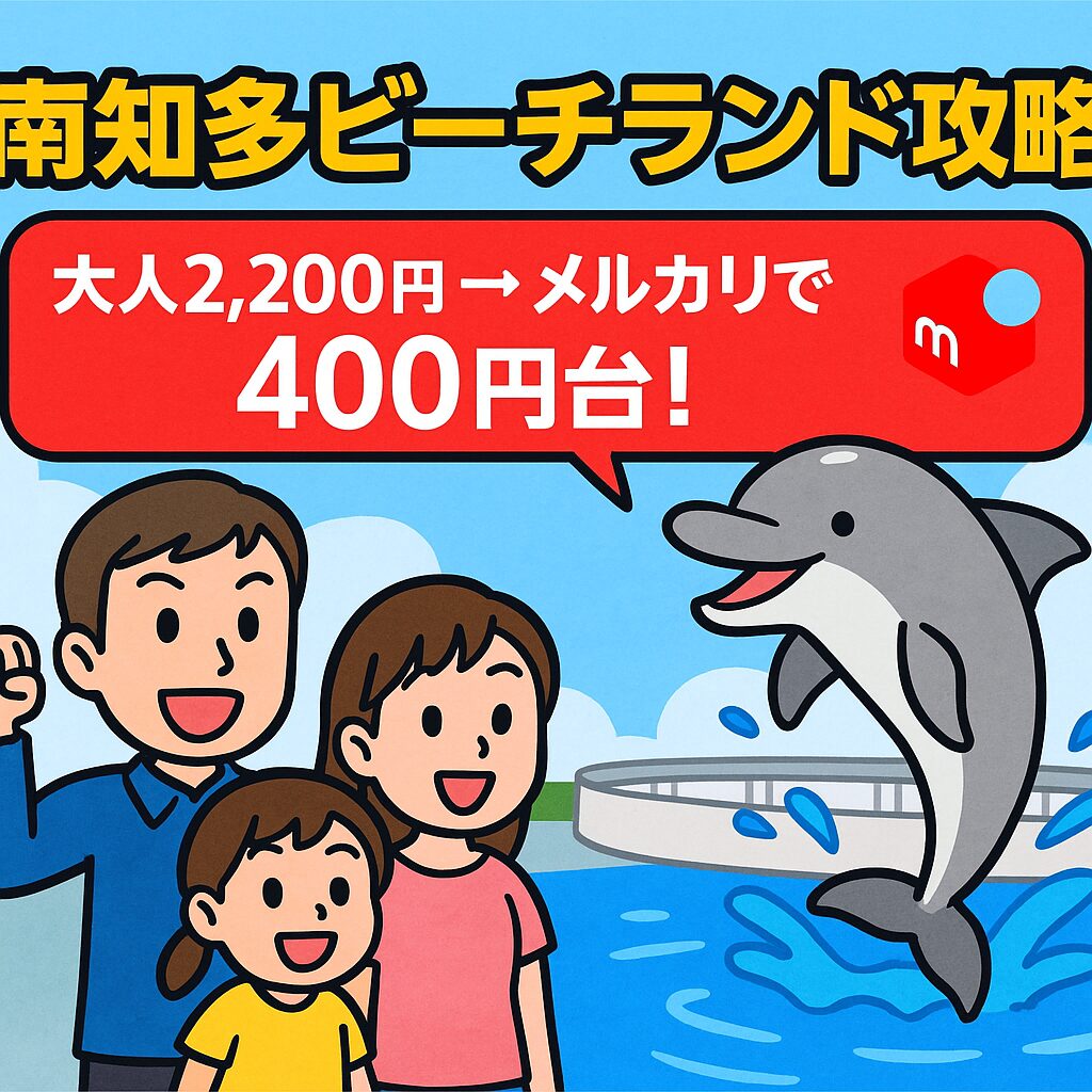 南知多ビーチランドのイルカショーと海の雰囲気をイメージしたアイキャッチ画像。メルカリで入園券をお得に購入できることを紹介するブログ用。