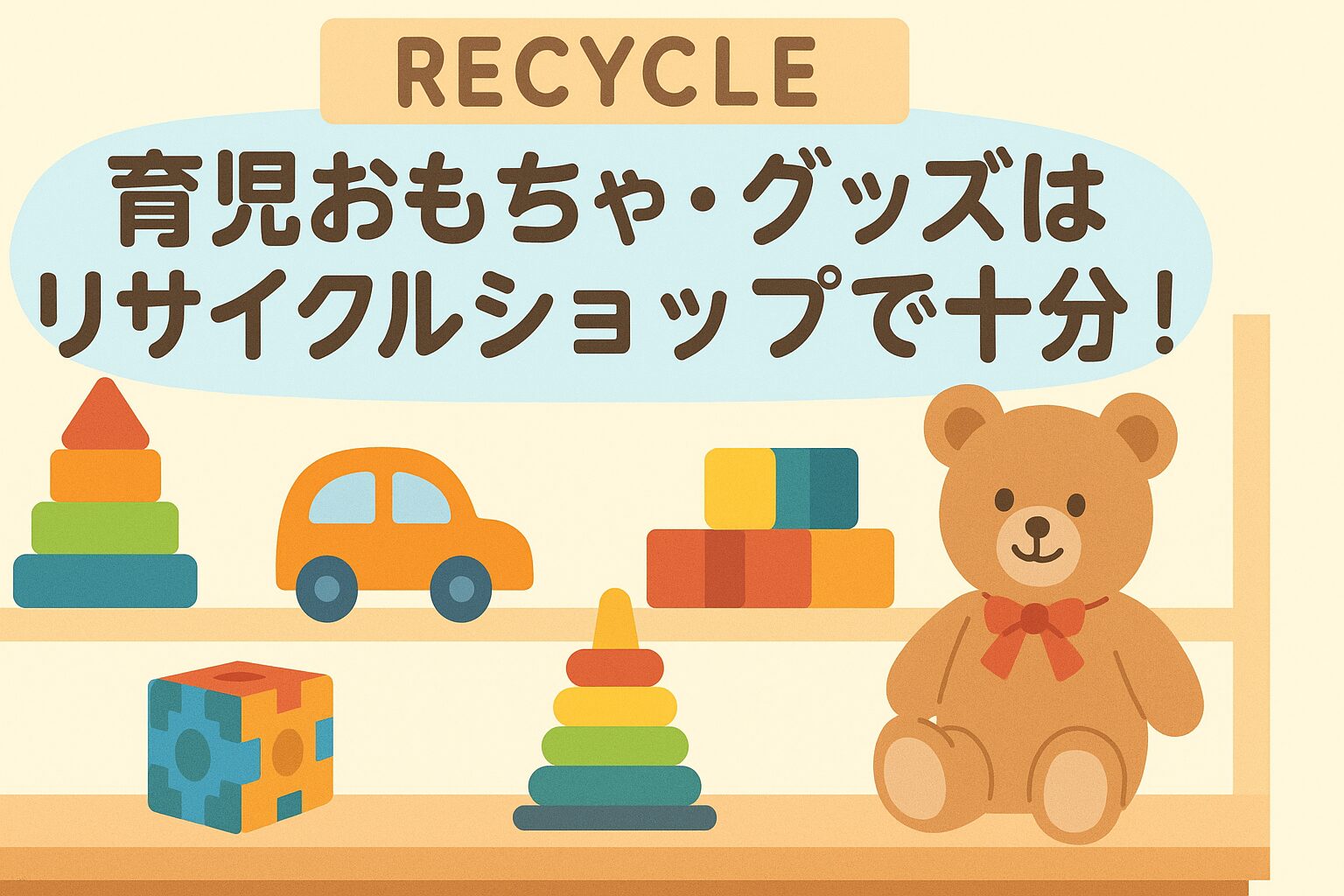 リサイクルショップに並ぶ積み木やぬいぐるみなどのおもちゃをイメージしたイラスト。「育児おもちゃ・グッズはリサイクルショップで十分！」という文字入りのアイキャッチ画像。